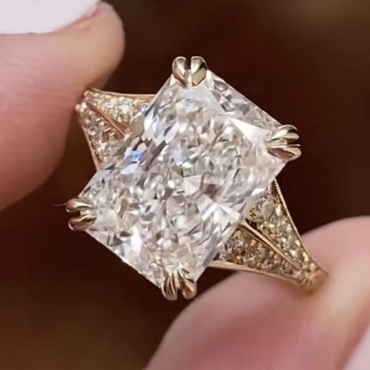 Radiant Cut Lab Grown Diamond Engagement Ring with Split Shank Art Deco Setting in Yellow Gold