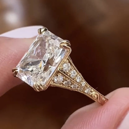 Radiant Cut Lab Grown Diamond Engagement Ring with Split Shank Art Deco Setting in Yellow Gold