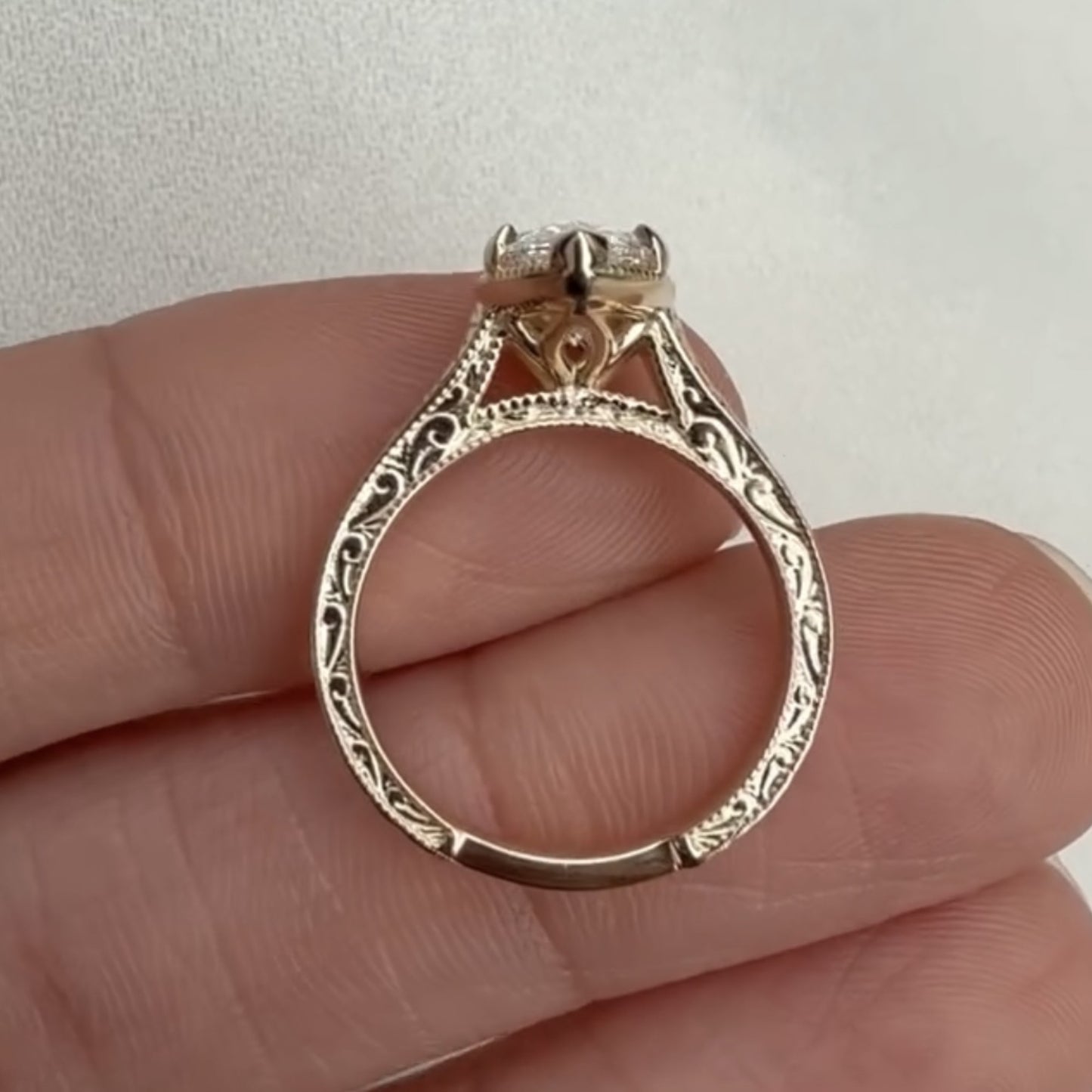 marquise moissanite diamond engagement ring vintage engraved yellow gold
