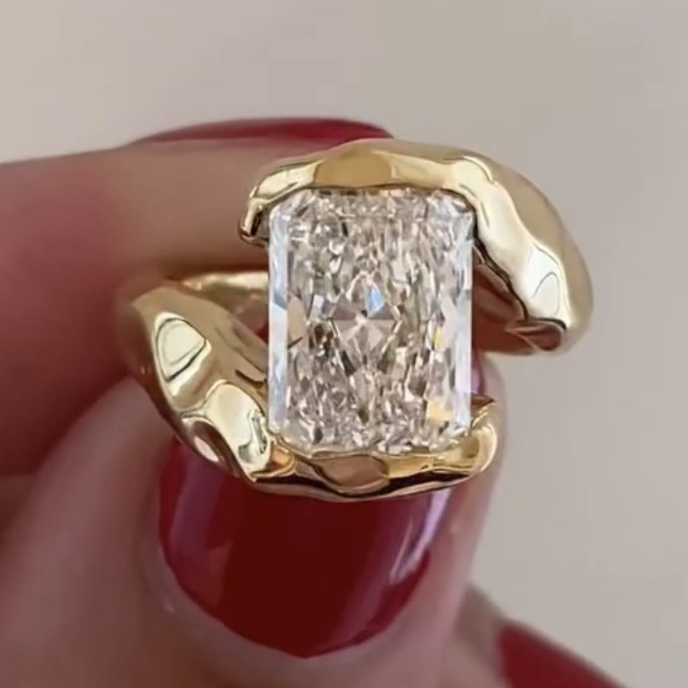 organic half bezel radiant lab grown unique engagement ring bypass solid gold wedding ring