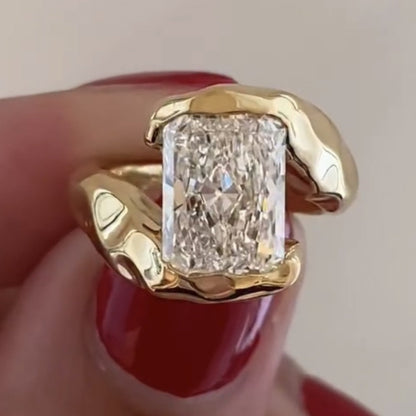 Organic Half bezel Radiant Lab Grown Unique Engagement Ring Bypass Solid Gold Wedding Ring