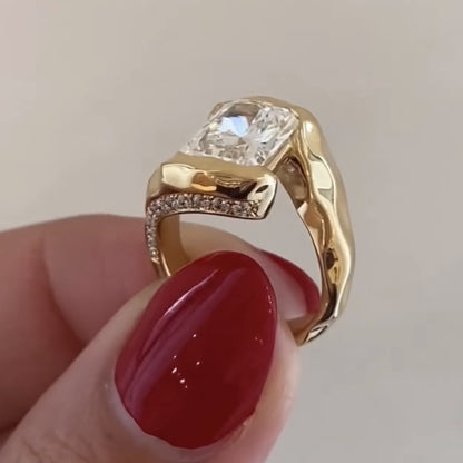 Organic Half bezel Radiant Lab Grown Unique Engagement Ring Bypass Solid Gold Wedding Ring