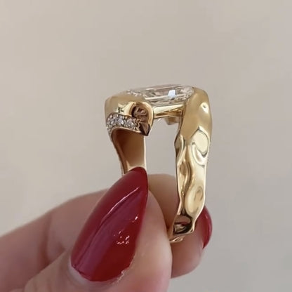 Organic Half bezel Radiant Lab Grown Unique Engagement Ring Bypass Solid Gold Wedding Ring