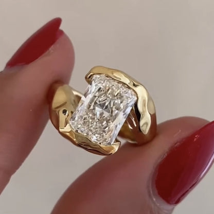 Organic Half bezel Radiant Lab Grown Unique Engagement Ring Bypass Solid Gold Wedding Ring