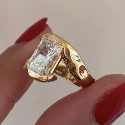 Organic Half bezel Radiant Lab Grown Unique Engagement Ring Bypass Solid Gold Wedding Ring