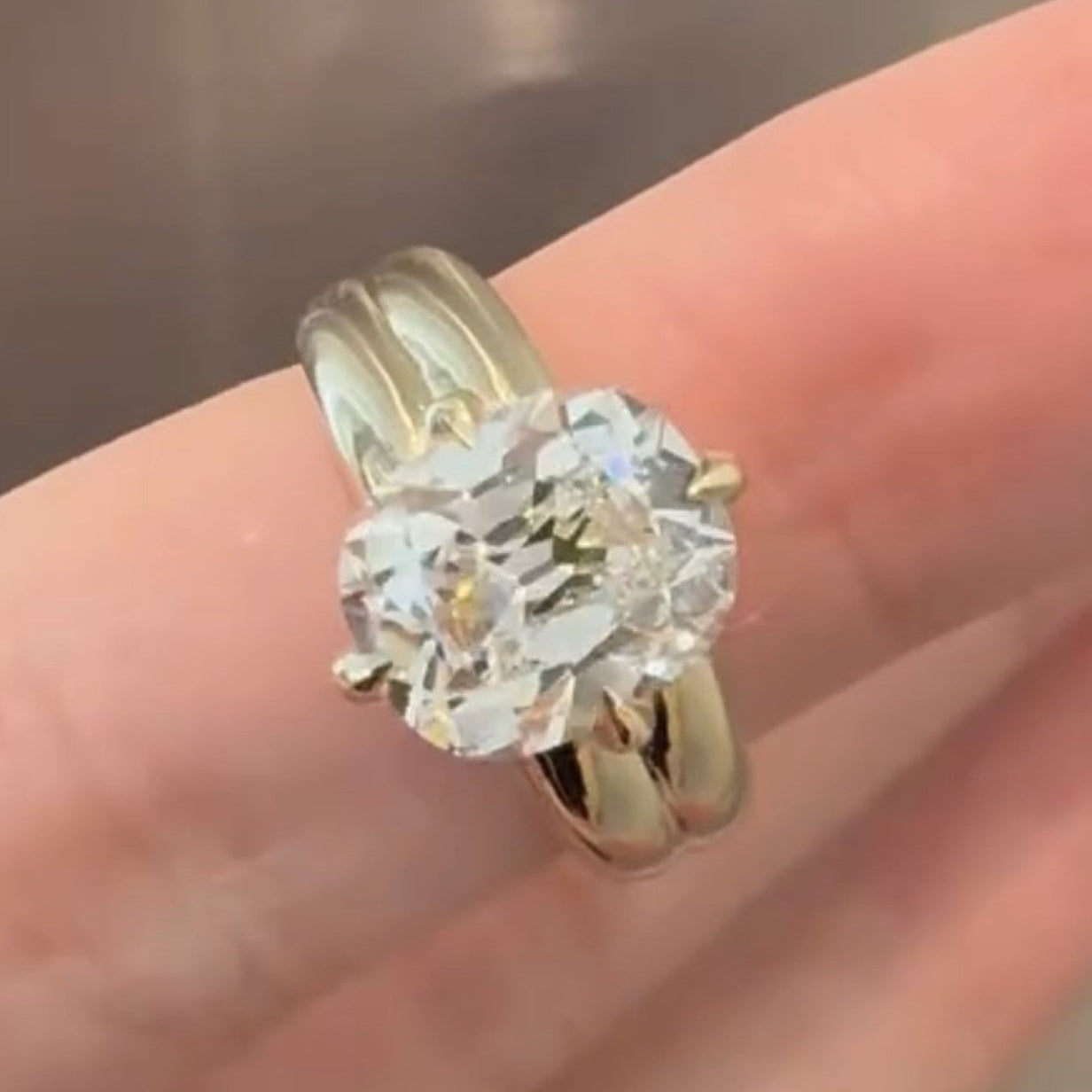 old mine lab grown elongated cushion cut engagement ring in yellow gold, vintage-inspired solitaire diamond ring