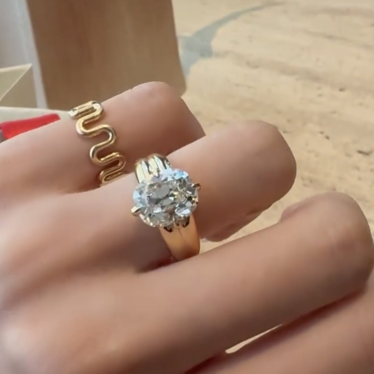 old mine lab grown elongated cushion cut engagement ring in yellow gold, vintage-inspired solitaire diamond ring
