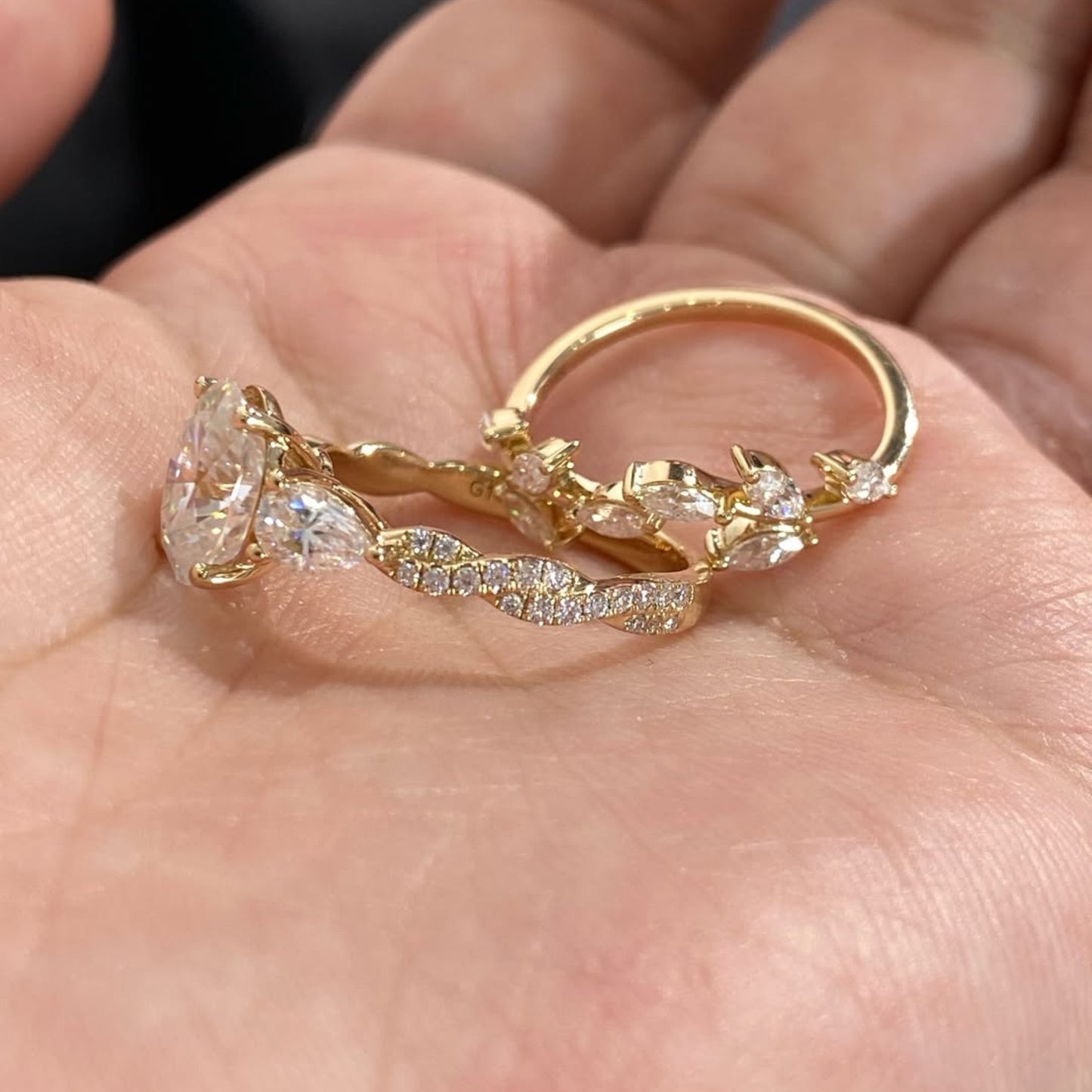 oval cut floral moissanite engagement ring set twisted band gold wedding bridal set