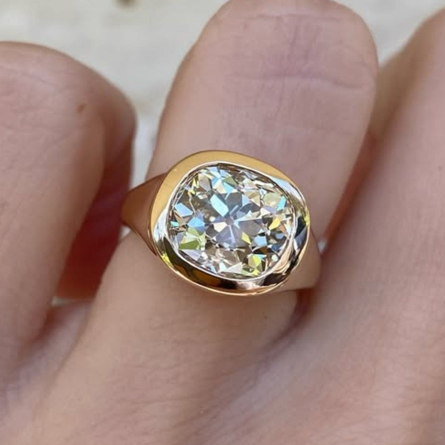 bezel set old mine elongated cushion lab grown engagement ring east west wedding gold ring