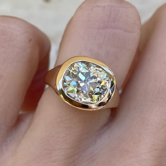 Bezel Set Old Mine Elongated Cushion Moissanite Engagement Ring East West Wedding Gold Ring