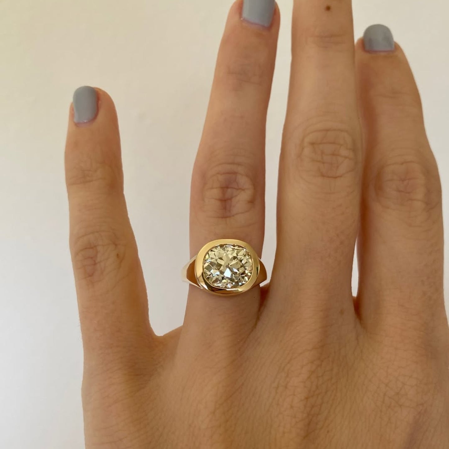 bezel set old mine elongated cushion lab grown engagement ring east west wedding gold ring