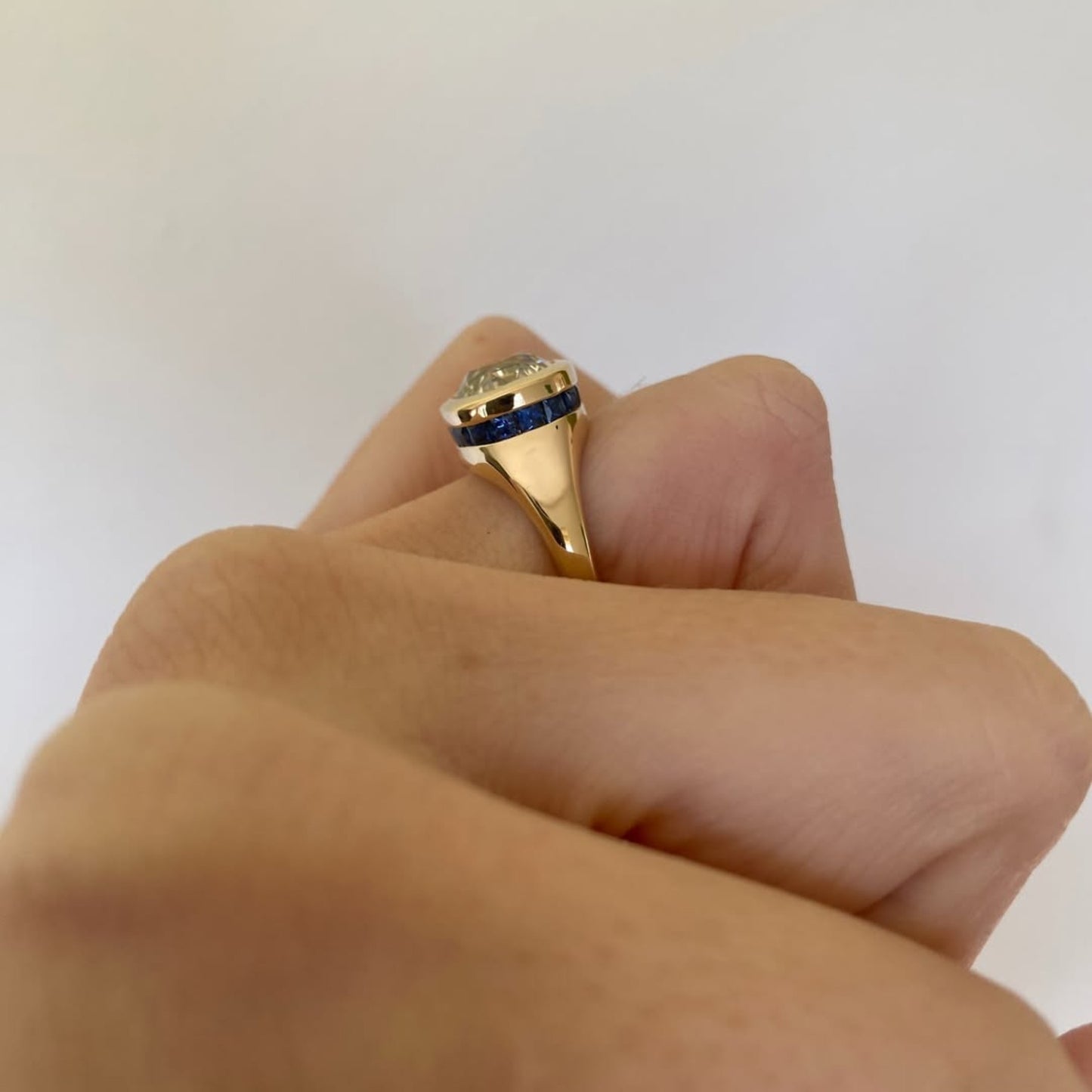 bezel set old mine elongated cushion lab grown engagement ring east west wedding gold ring