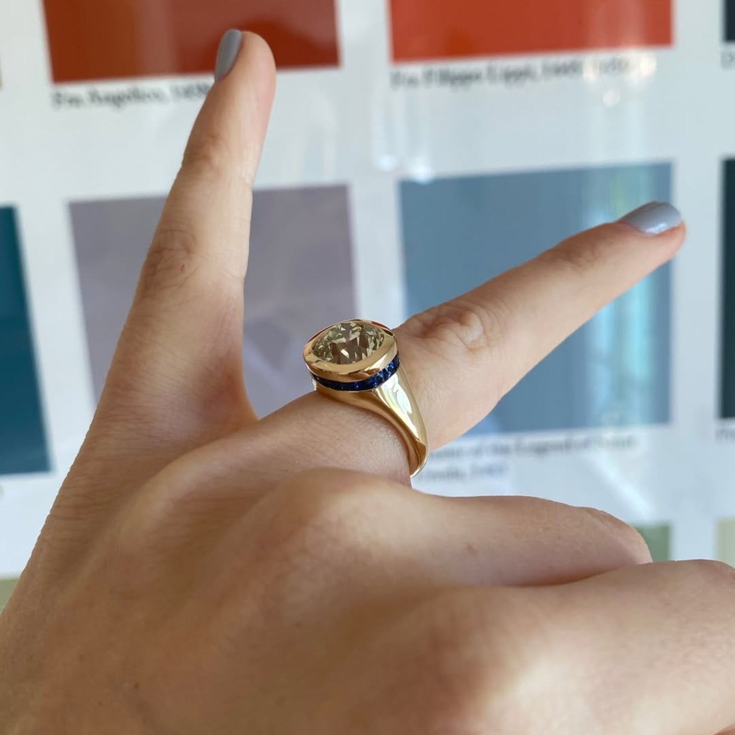 bezel set old mine elongated cushion lab grown engagement ring east west wedding gold ring