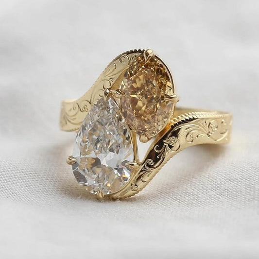 3.50 TCW Pear And Brown Oval Toi Et Moi Moissanite Engagement Ring Engraved Band Gold Ring