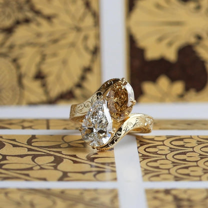 3.50 TCW Pear And Brown Oval Toi Et Moi Moissanite Engagement Ring Engraved Band Gold Ring