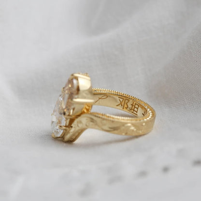3.50 TCW Pear And Brown Oval Toi Et Moi Moissanite Engagement Ring Engraved Band Gold Ring