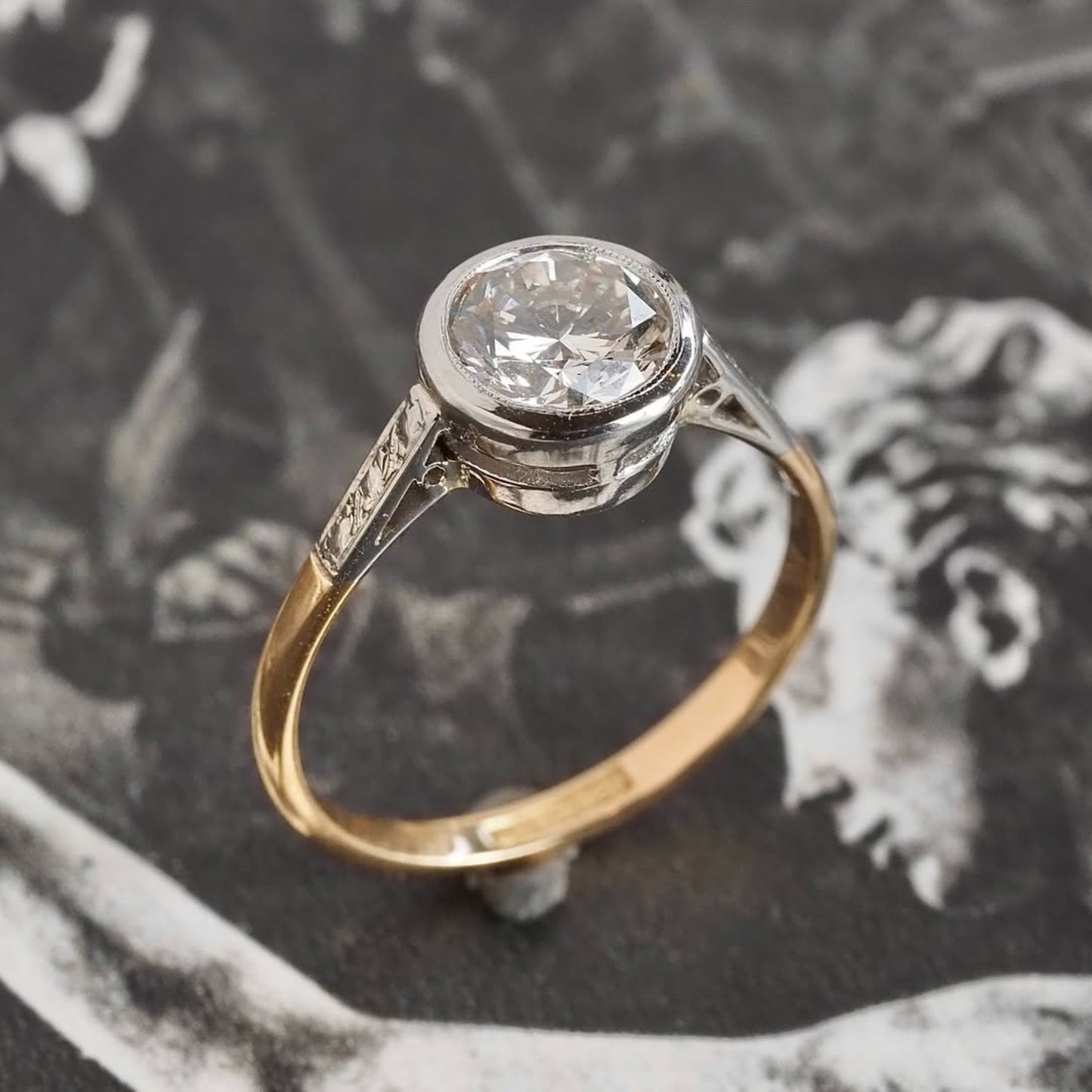 round cut bezel set lab grown engagement ring gold two tone wedding ring