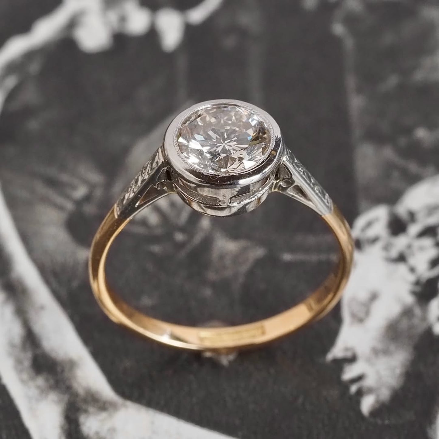 round cut bezel set lab grown engagement ring gold two tone wedding ring