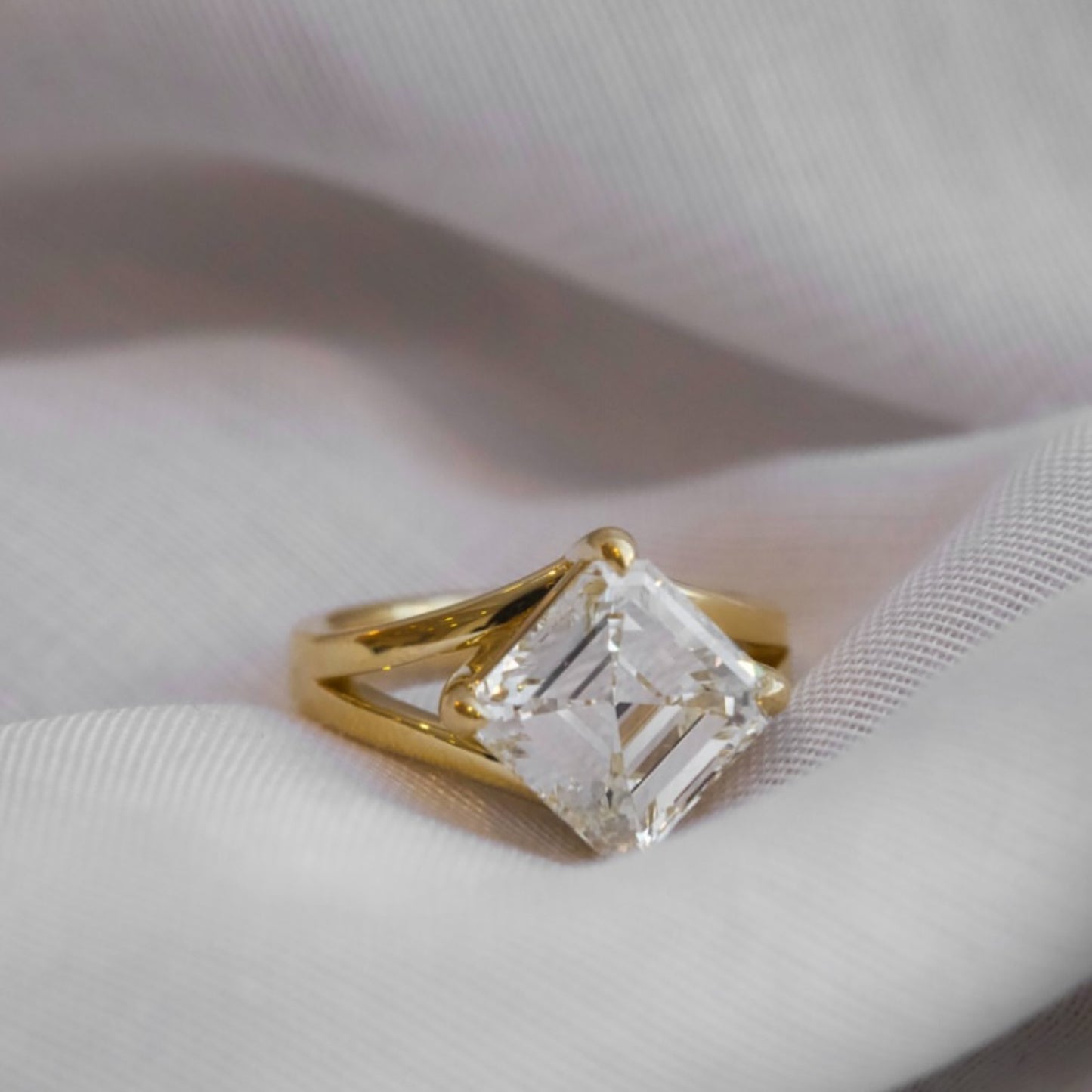 asscher cut moissanite engagement ring split shank gold unique ring