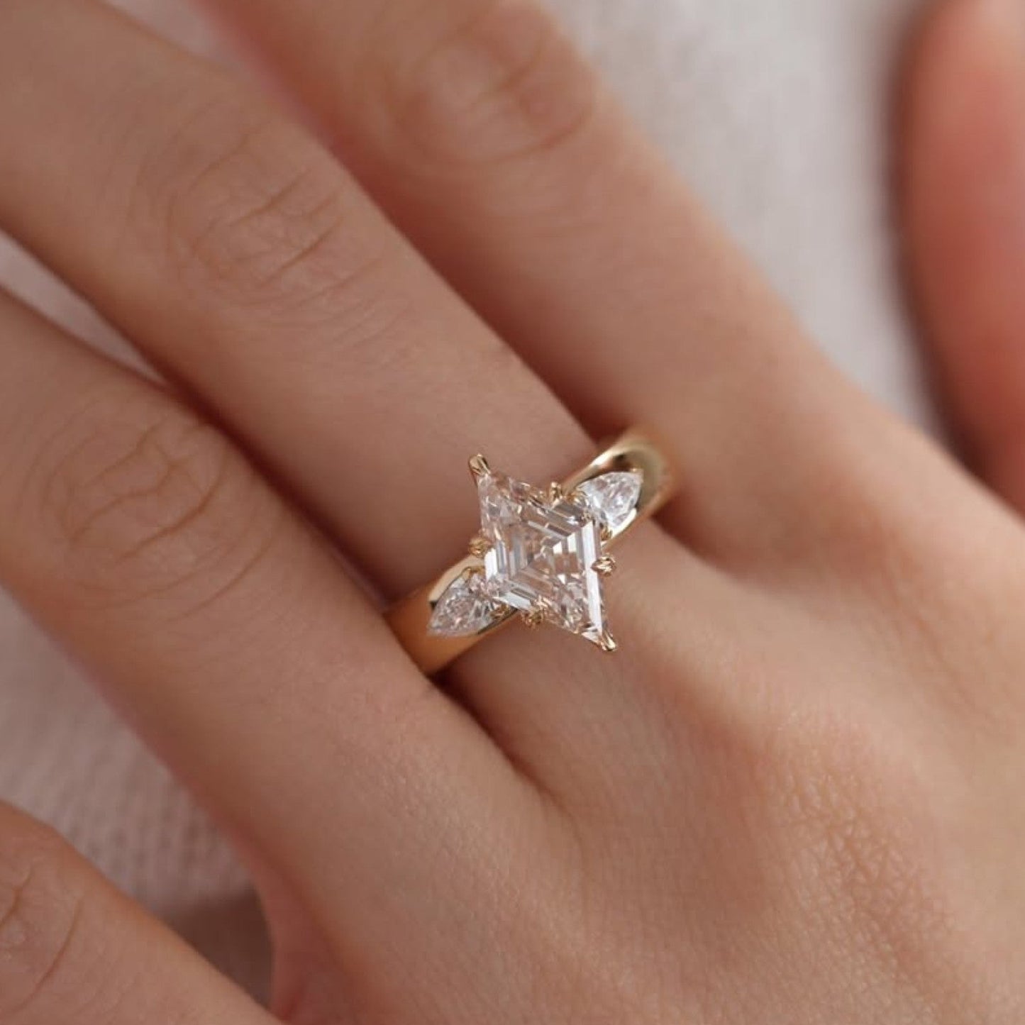 lozenge cut moissanite engagement three stone ring tulip set gold wedding ring