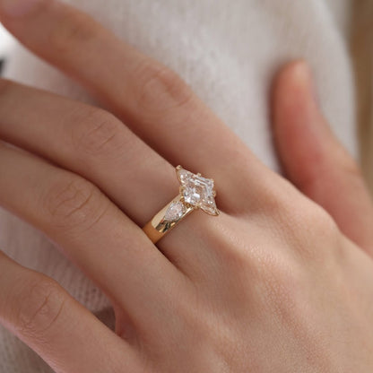 Lozenge Cut Moissanite Engagement Three Stone Ring Tulip Set Gold Wedding Ring