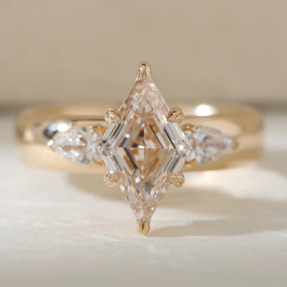 Lozenge Cut Moissanite Engagement Three Stone Ring Tulip Set Gold Wedding Ring