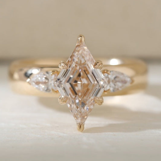 Lozenge Cut Lab Grown Engagement Three Stone Ring Tulip Set Gold Wedding Ring