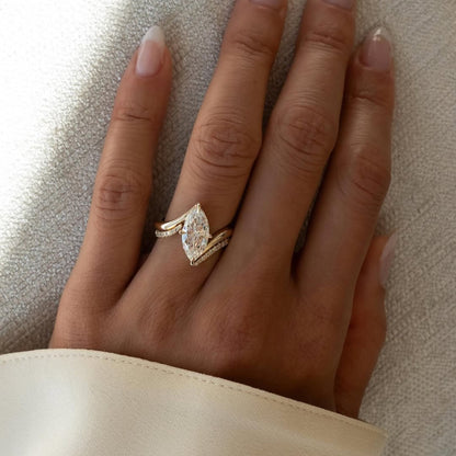 Marquise Lab Grown Engagement Ring Set Solid Gold Wedding Bridal Set