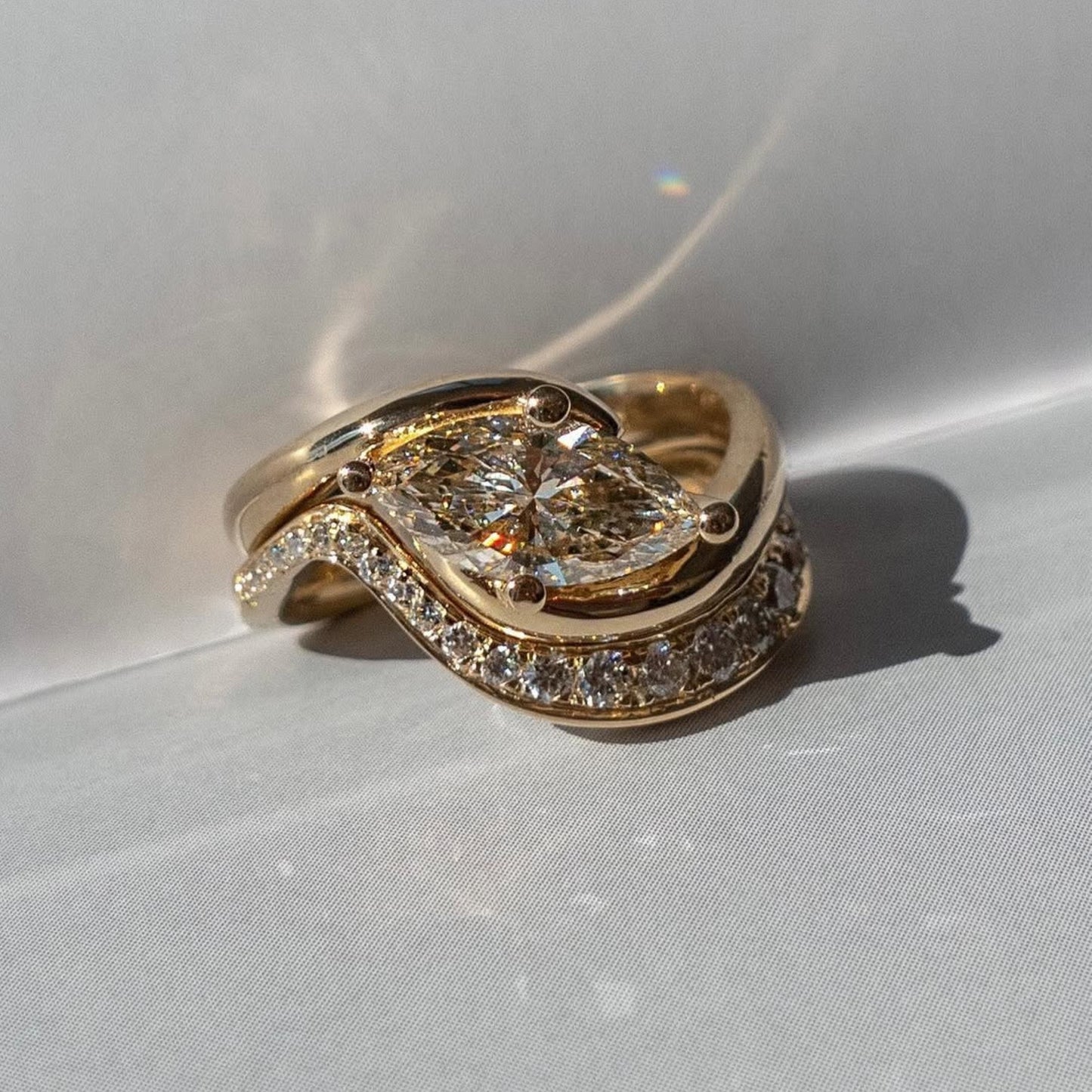 marquise east west moissanite engagement ring set gold wedding bridal set