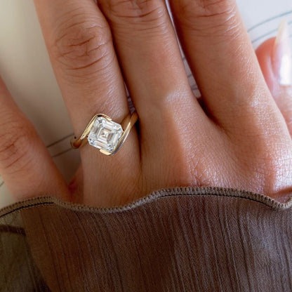 Asscher Cut Lab Grown Engagement Ring Half Bezel East West Wedding Ring