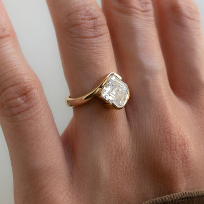 Asscher Cut Lab Grown Engagement Ring Half Bezel East West Wedding Ring