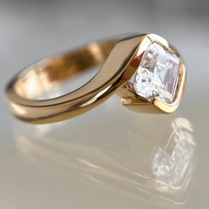 Asscher Cut Lab Grown Engagement Ring Half Bezel East West Wedding Ring