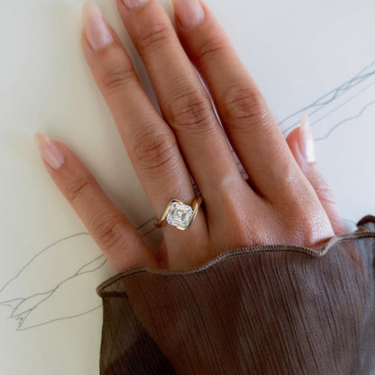 Asscher Cut Lab Grown Engagement Ring Half Bezel East West Wedding Ring
