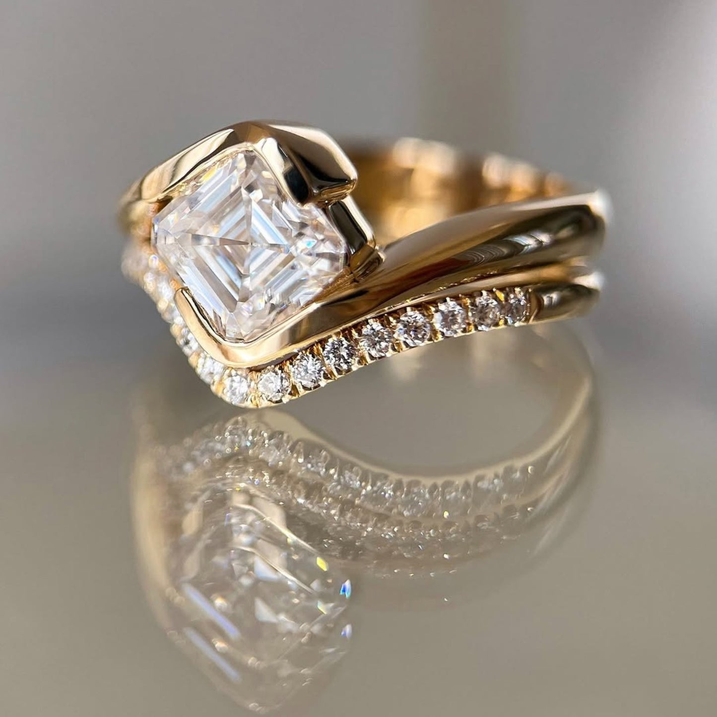 asscher lab grown engagement ring set east west half bezel wedding bridal set