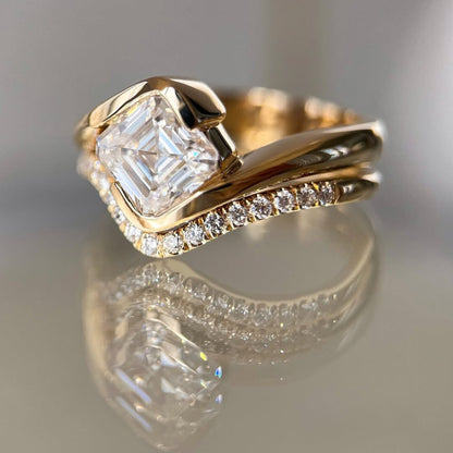 Asscher Lab Grown Engagement Ring Set East West Half Bezel Wedding Bridal Set