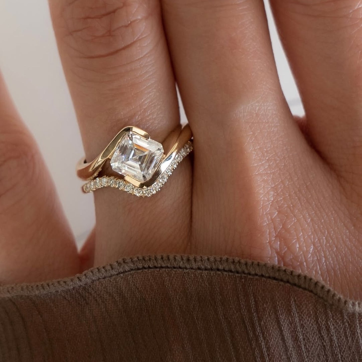 asscher lab grown engagement ring set east west half bezel wedding bridal set