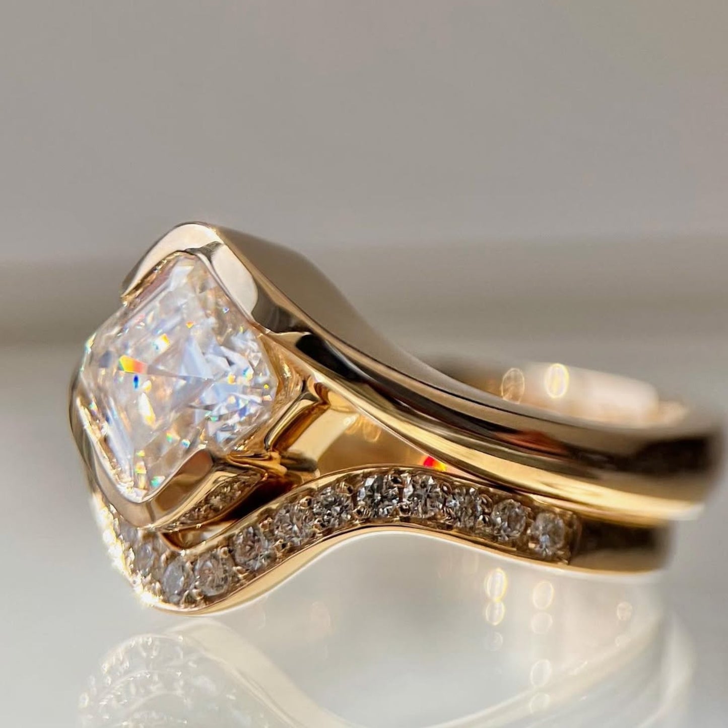 asscher lab grown engagement ring set east west half bezel wedding bridal set