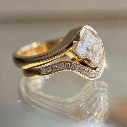 Asscher Lab Grown Engagement Ring Set East West Half Bezel Wedding Bridal Set