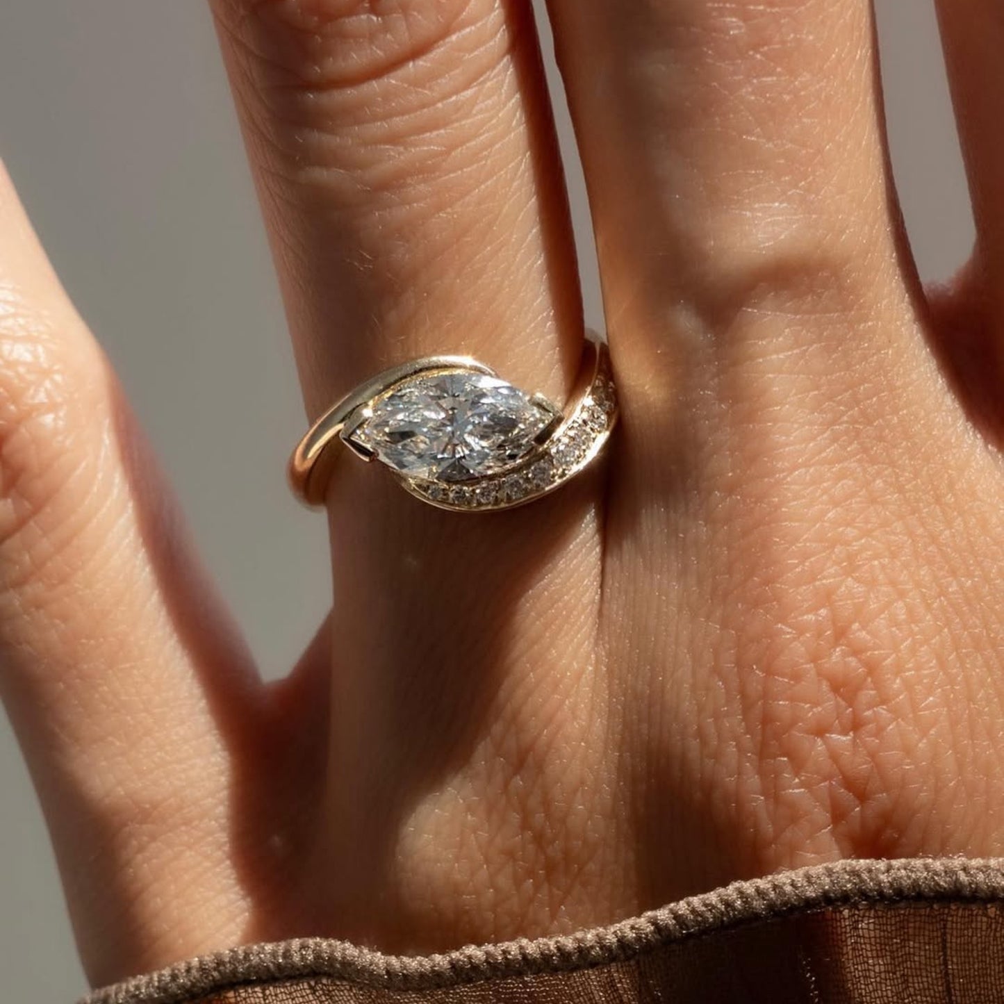 east west marquise lab grown engagement ring v prong wedding ring