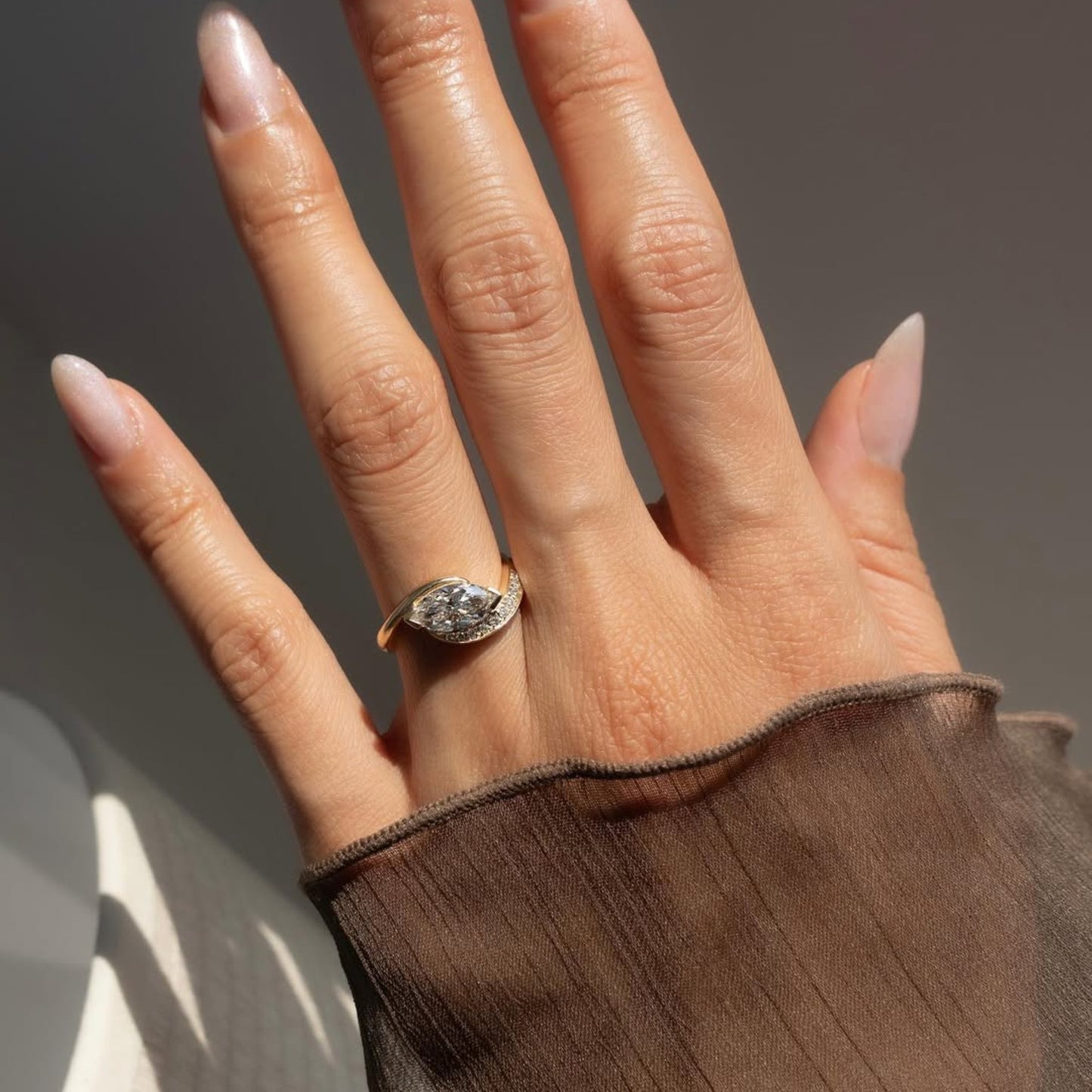 east west marquise lab grown engagement ring v prong wedding ring