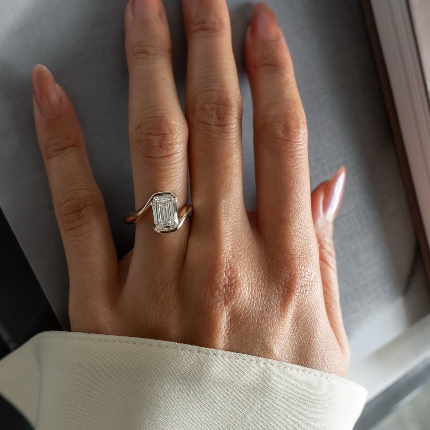 emerald lab grown engagement ring bypass half bezel wedding ring