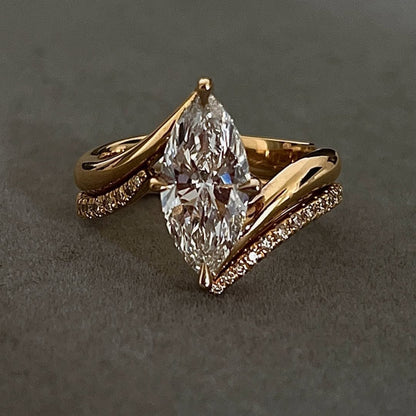 Marquise Lab Grown Engagement Ring Set Solid Gold Wedding Bridal Set