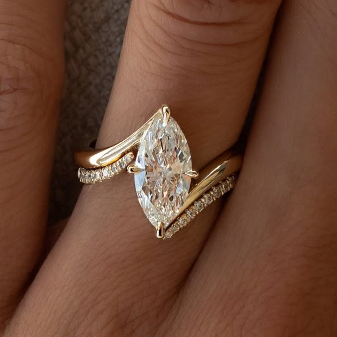 marquise lab grown engagement ring set solid gold wedding bridal set