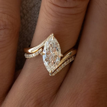 Marquise Lab Grown Engagement Ring Set Solid Gold Wedding Bridal Set