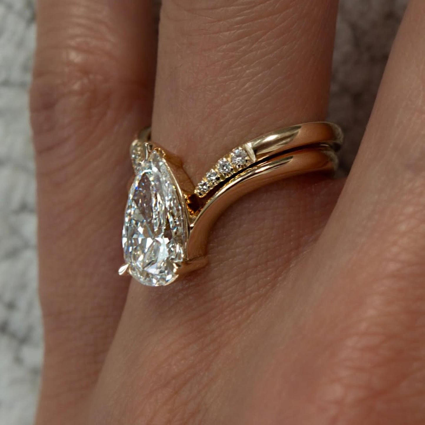 pear cut moissanite engagement ring set curve band gold bridal set