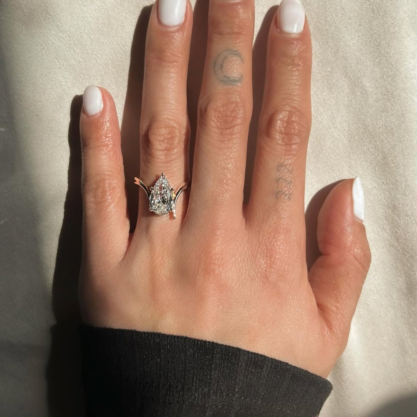 pear cut lab grown engagement ring bypass gold wedding ring