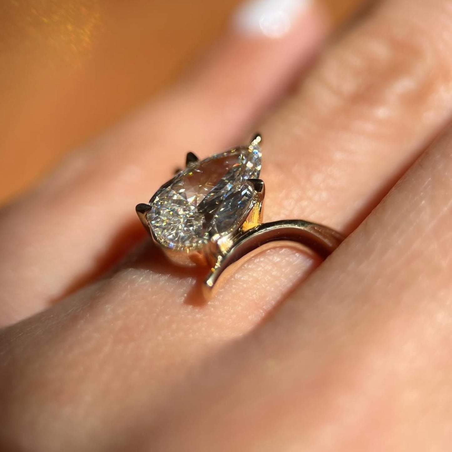 pear cut lab grown engagement ring bypass gold wedding ring