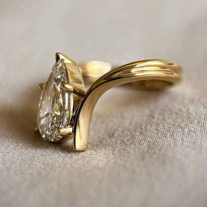 Pear Cut Lab Grown Engagement Ring Bypass Gold Wedding Ring