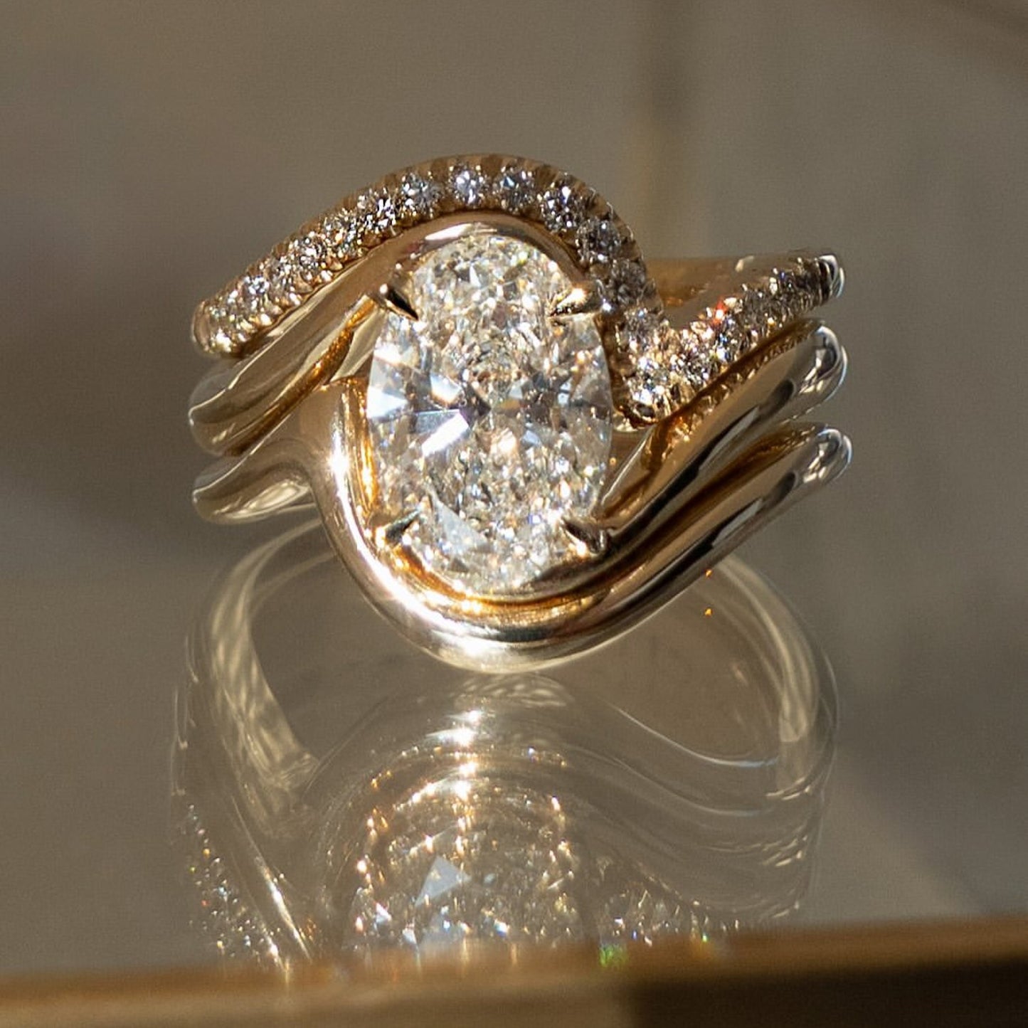 oval cut moissanite engagement ring set trio band wedding bridal set