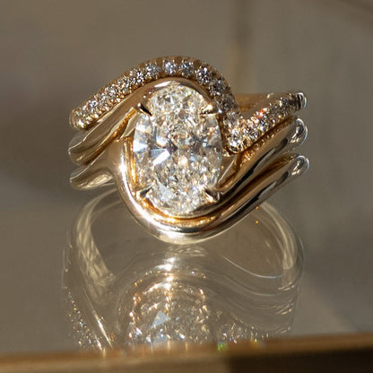 Oval Cut Moissanite Engagement Ring Set Trio Band Wedding Bridal Set